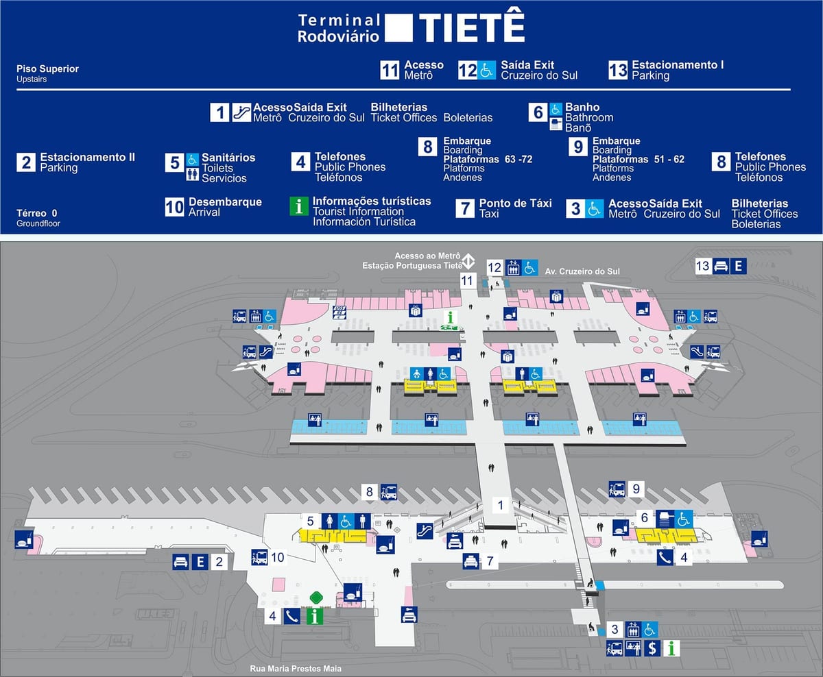 Žemėlapis autobusų terminalo Tietê - viršutiniame aukšte