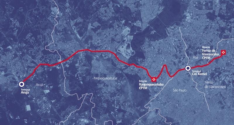 Žemėlapis corredor BRT metropolitano Perimetral Alto Tietê