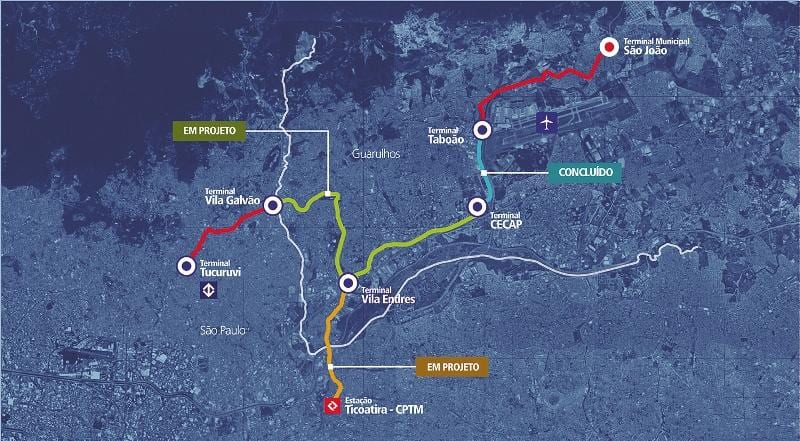 Žemėlapis corredor Metropolitano Guarulhos - Tucuruvi
